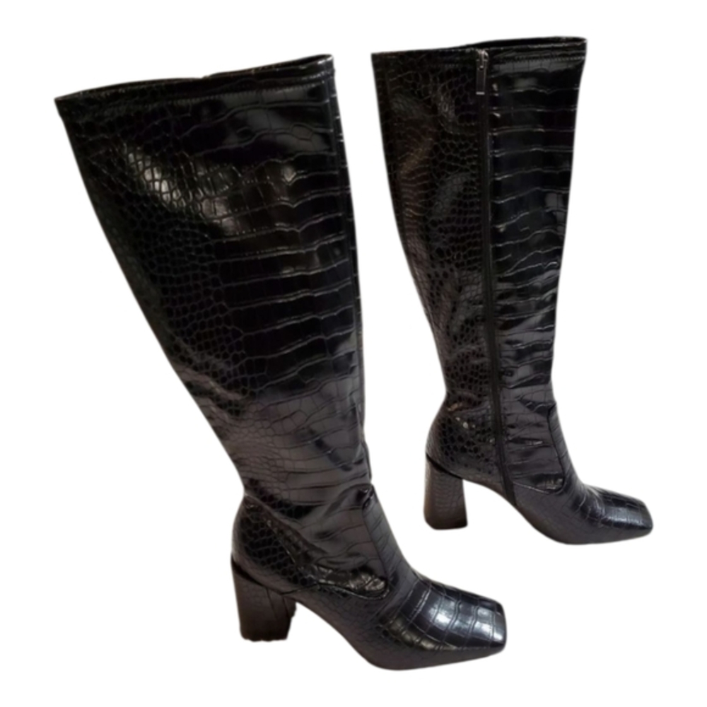 Franco Sarto Black Croc Embossed Knee High Boots Square Toe Block Heel Boots